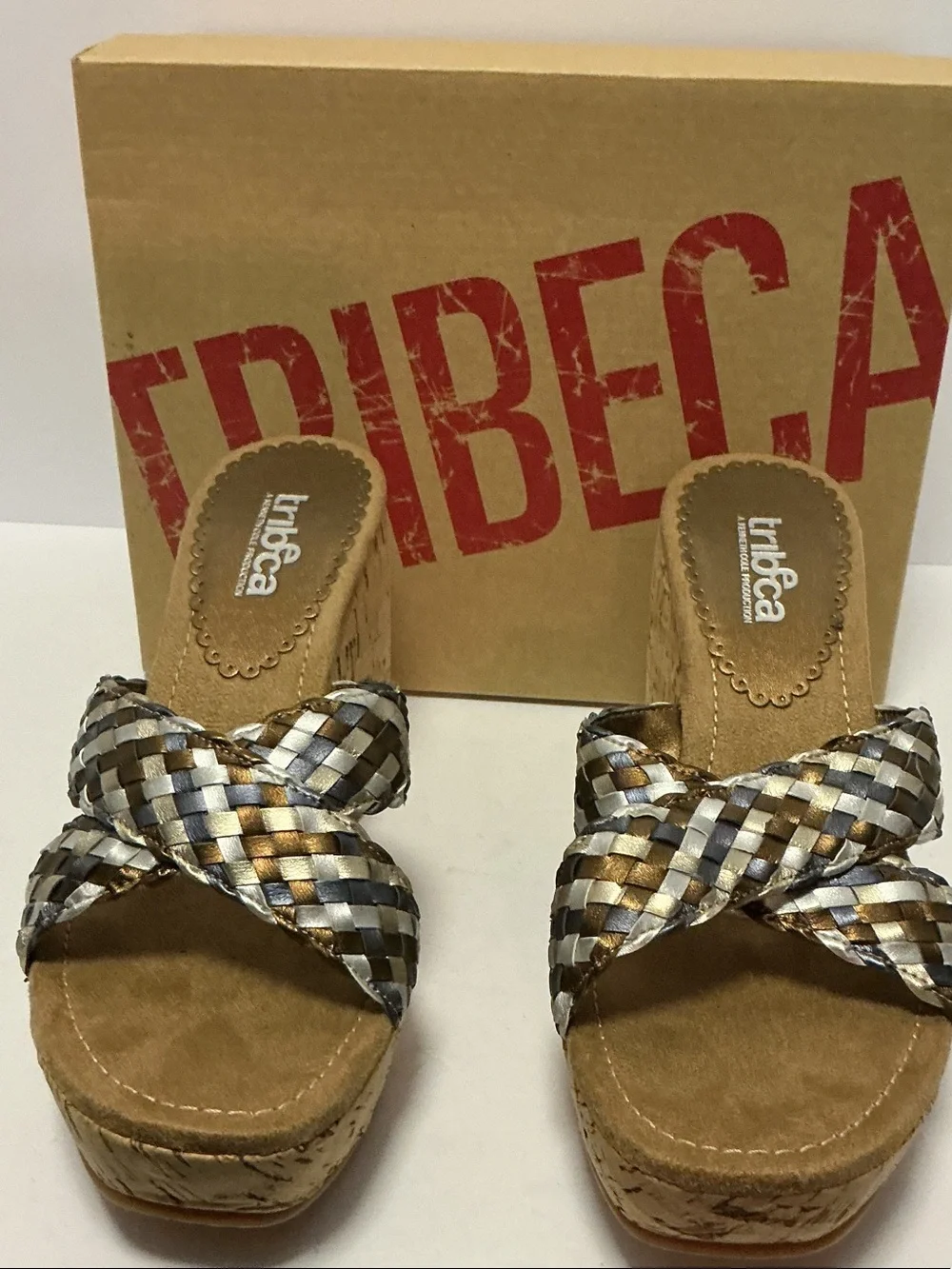 Tribeca by Kenneth Cole Braided Metallic Wedge Sandals - Silver & Gold